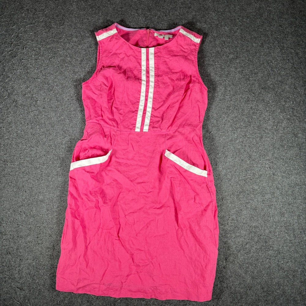 Boden Pink Linen Sleeveless Shift Dress White Stripe Pockets Women Size US 6P